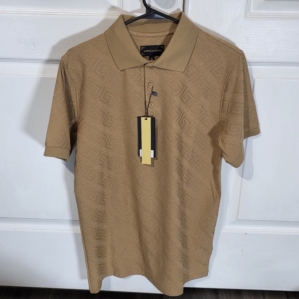 American Breed Polo Shirt Khaki Luxury Pattern Size M Cotton Stretch